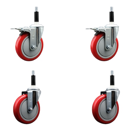 Service Caster 5'' SS Red Poly Swivel 7/8'' Expanding Stem Caster Set 2 Total Lock Brakes, 4PK SCC-SSEXTTL20S514-PPUB-RED-2-S-2-78
